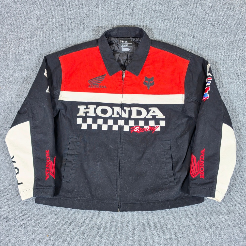 Fox Racing x Honda Men 2XL Black Red Quilted Work Jacket Racing Moto Embroidered